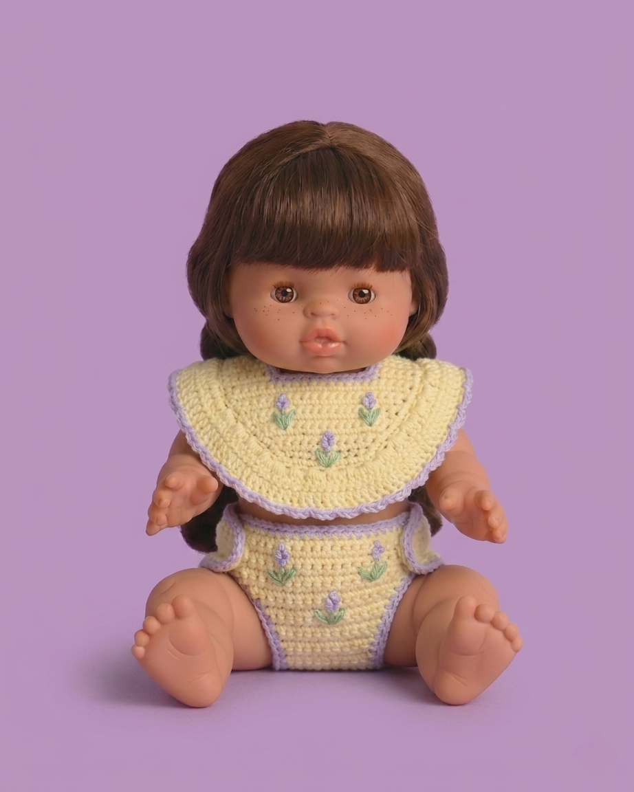 Lavender Crochet & Embroidery Doll Bib & Nappy Cover Set