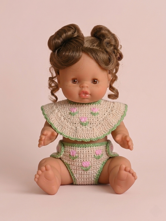 Tulip Crochet & Embroidery Doll Bib & Nappy Cover Set