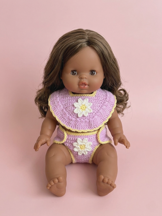 White Daisy Crochet Doll Bib & Nappy Cover Set