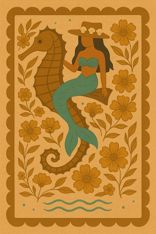Vintage Mermaid & Seahorse Print