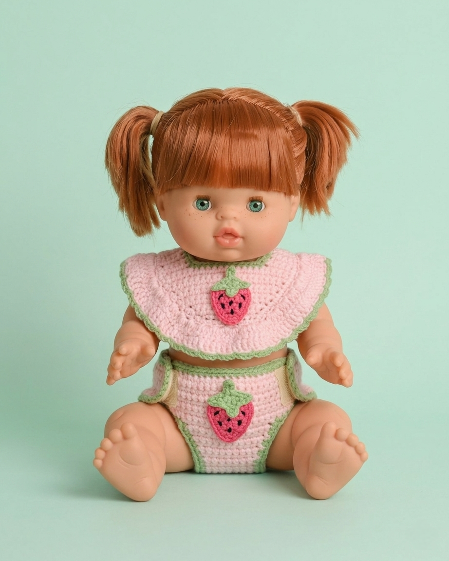 Strawberry Crochet Doll Bib & Nappy Cover Set