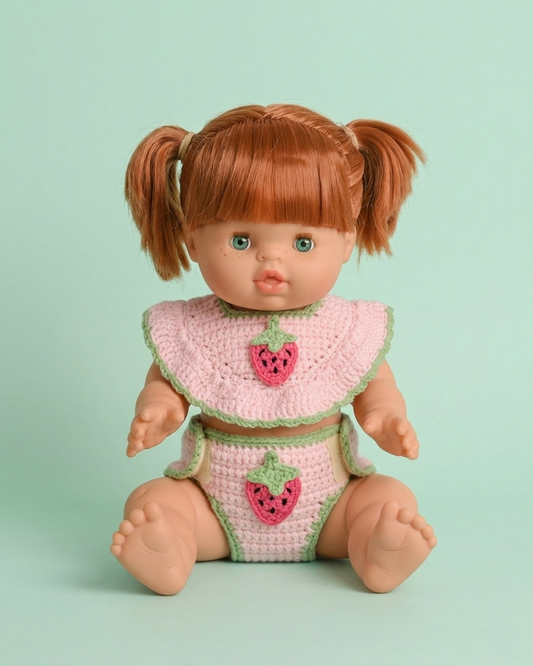 Strawberry Crochet Doll Bib & Nappy Cover Set